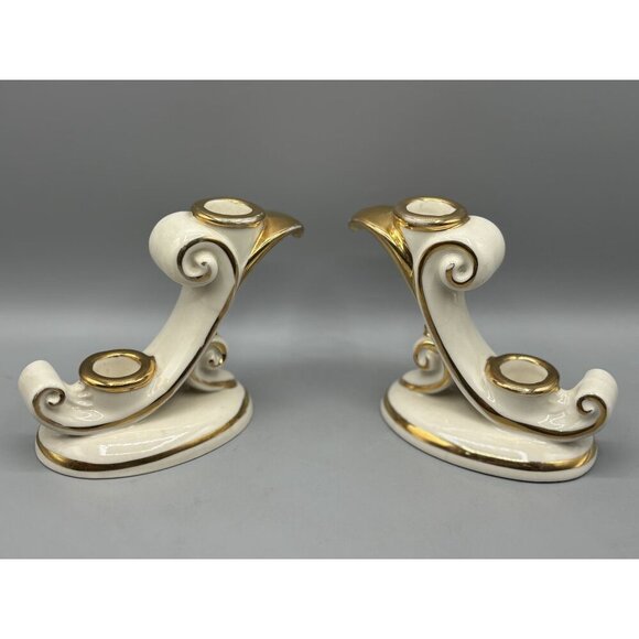 Vintage Abingdon USA Ivory Gold Ceramic Double Candle Holders Set Of 2 - Picture 1 of 6